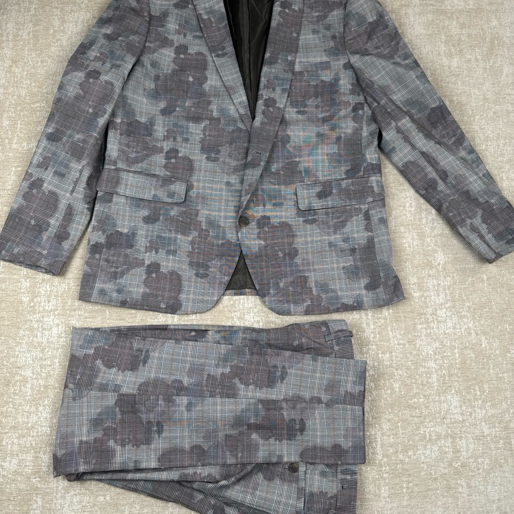 Inc International Concepts 2PC Pant Suit Men’s Large Gray Slim Fit Camo Plaid